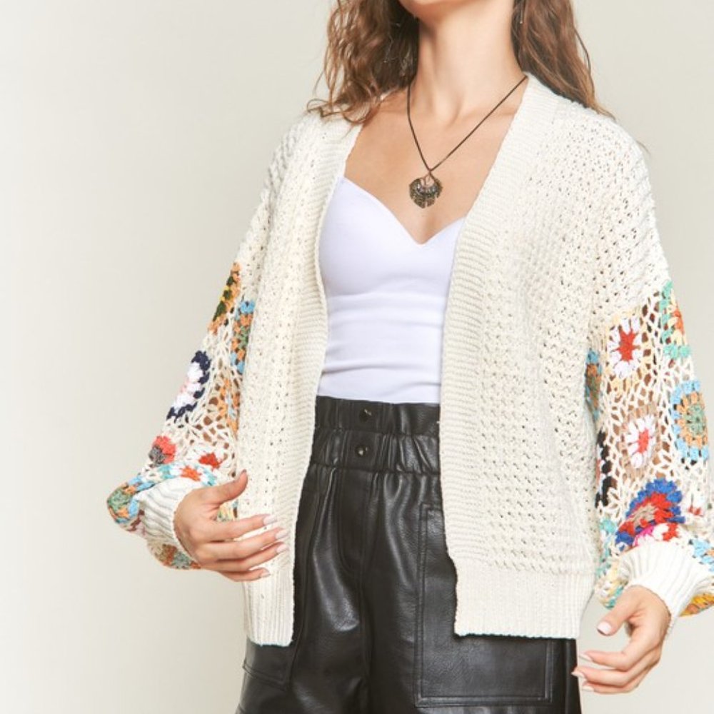Ivory Knit Cardigan Sweater with Floral Crocheted Sleeves - Picture 4 of 4